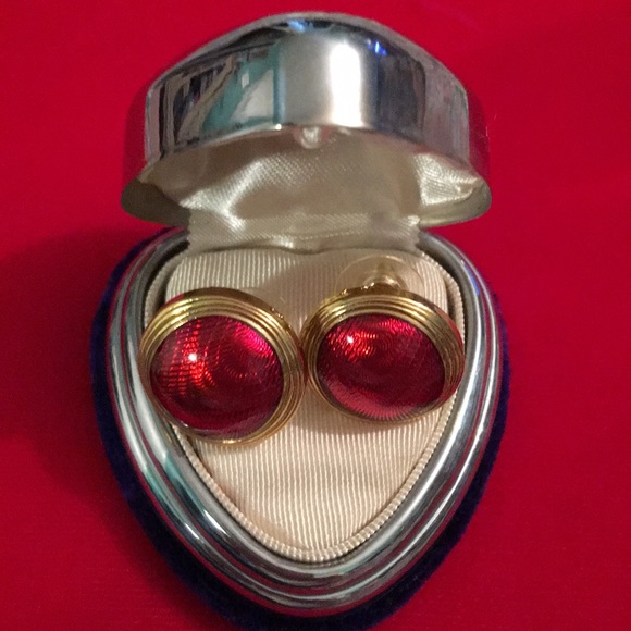Vintage 1980s Edgar Berebi Gold finish earrings red enamel - Picture 10 of 10